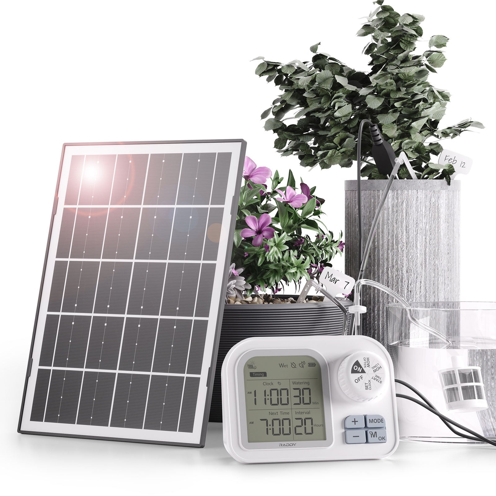 solar powered automatic plant watering system Raddy WS-7 Solar Drip Irrigation Kit | IPX7 Waterproof | Auto Watering System | Auto-Soil Humidity Detection | 2600mAh Battery