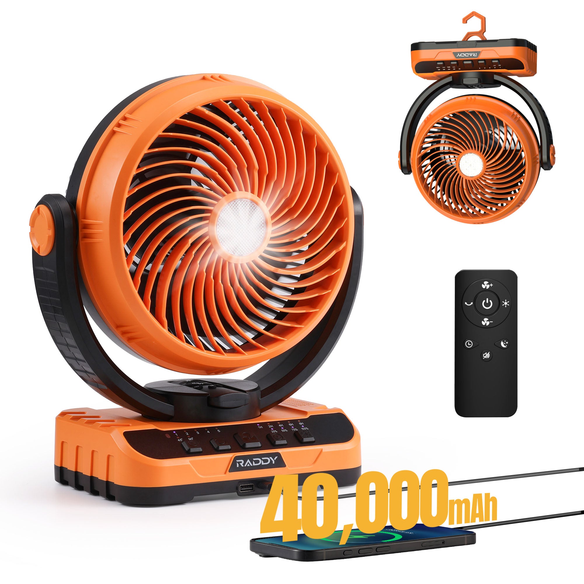 Raddy CF5 Rechargeable Camping Fan | 40,000mAh Battery | LED Light & Remote | 5 Speeds | Auto Oscillation