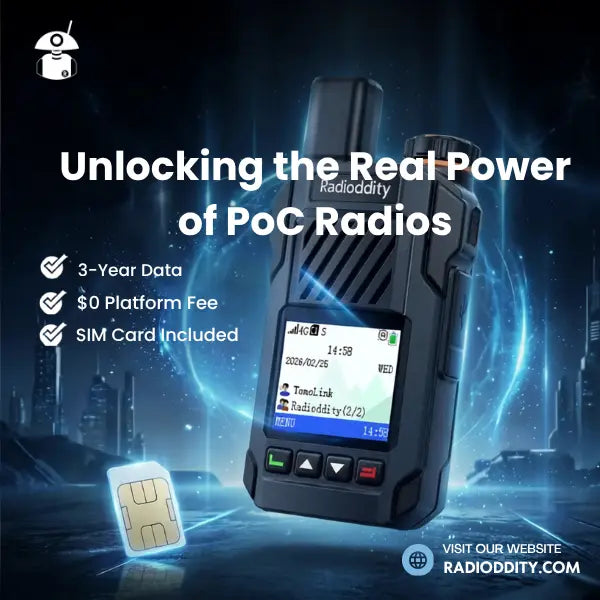 Product banner for Radioddity Tomolink PoC Radio with text 'Unlocking the Real Power of PoC Radios', highlighting key features including 3-Year Data, $0 Platform Fee, and SIM Card Included alongside an image of the radio device and SIM card.