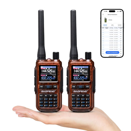 Two walkie-talkies held in a hand with a smartphone displaying app interface.