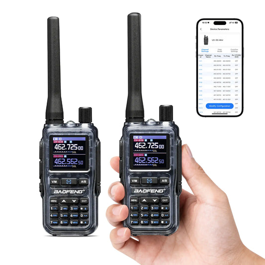 Two walkie-talkies held in a hand with a smartphone displaying app interface on a white background