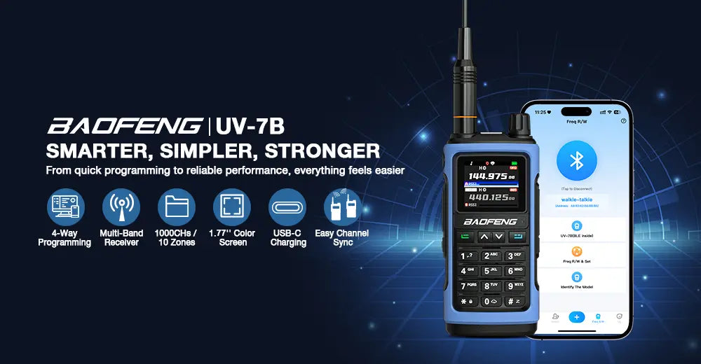 Baofeng UV-7B radio and smartphone app on a blue background