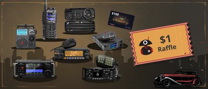Collection of radio equipment on a dark background with a $1 raffle ticket graphic.