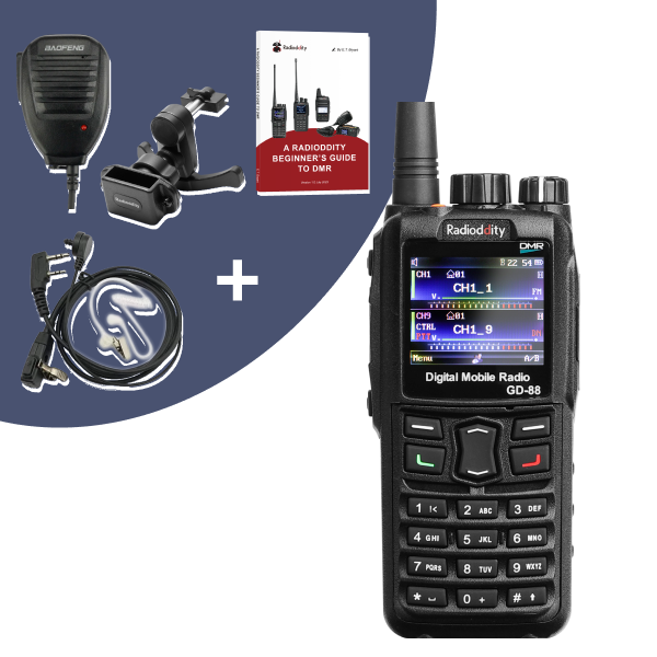 Radioddity GD-88 digital mobile radio with accessories on a white background