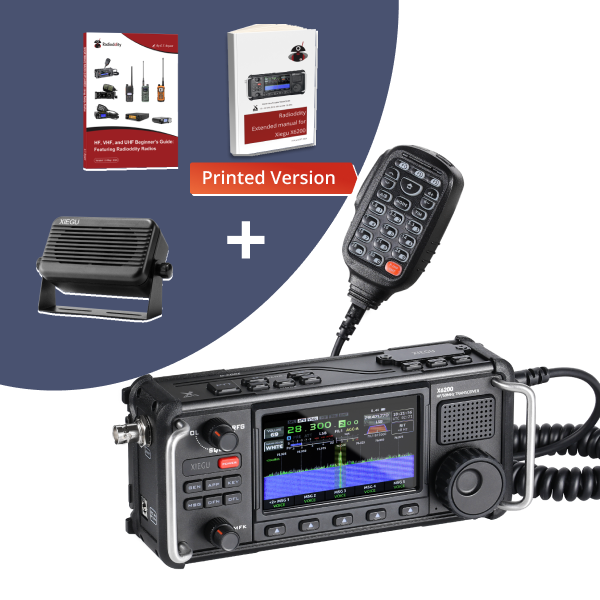 Radio communication equipment with microphone and printed manual on a blue and white background