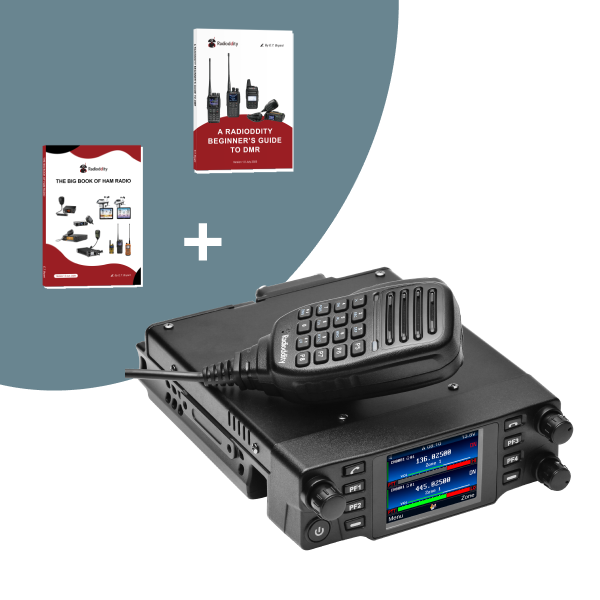 Black radio communication device with books on a white background