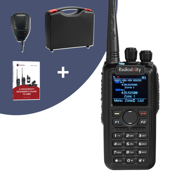 Radioddity walkie-talkie with accessories on a gradient background