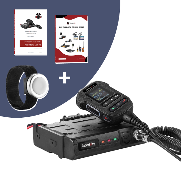Radioddity radio transceiver with accessories on a white background