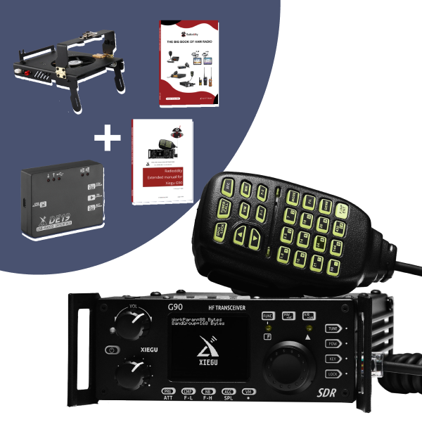 Collection of electronic devices including a stand and radio transceiver on a white background.