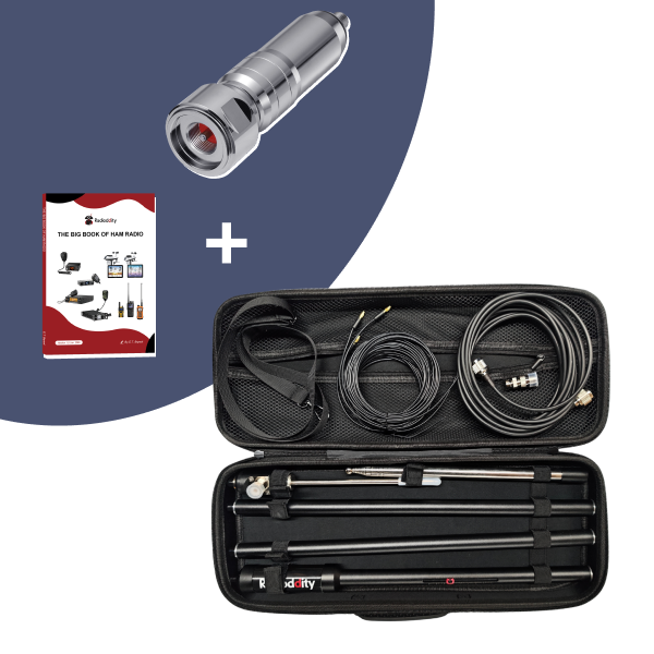 Set of automotive tools in a black case with a car air freshener and a book on a blue and white background.