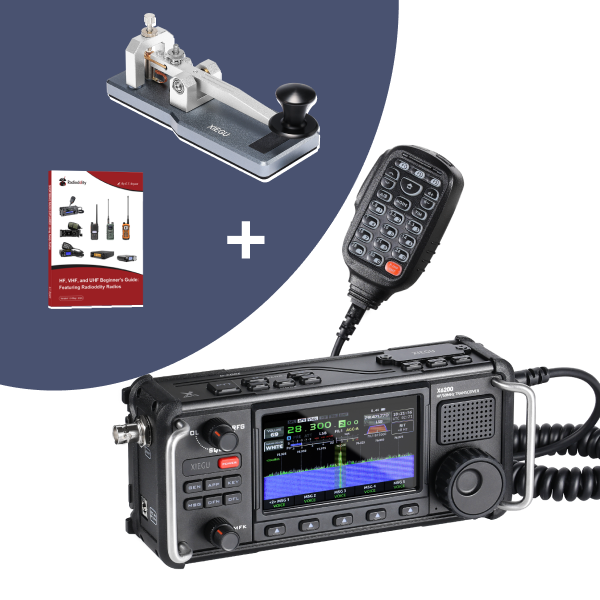 HAM radio equipment including a transceiver, straight key, and accessories on a white background.