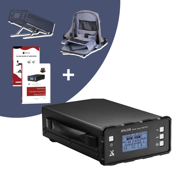 Collection of electronic equipment including a black device with a digital display, a gray backpack, and two white boxes on a blue and white background.