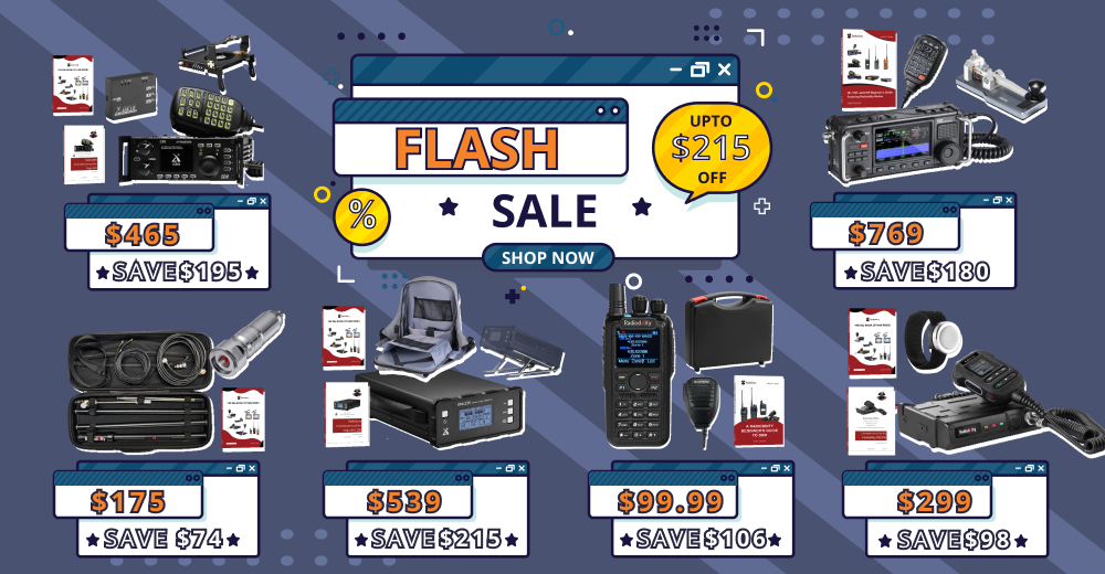 Electronic product sale advertisement with various items and flash sale text on a blue background.