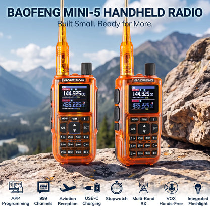 Baofeng MINI-5 Ham Radio 2-Pack | 5W Dual-Band | App Programming | 1.44" Color Screen | Airband & NOAA | 999 Channels | USB-C | One-Key Frequency Copy