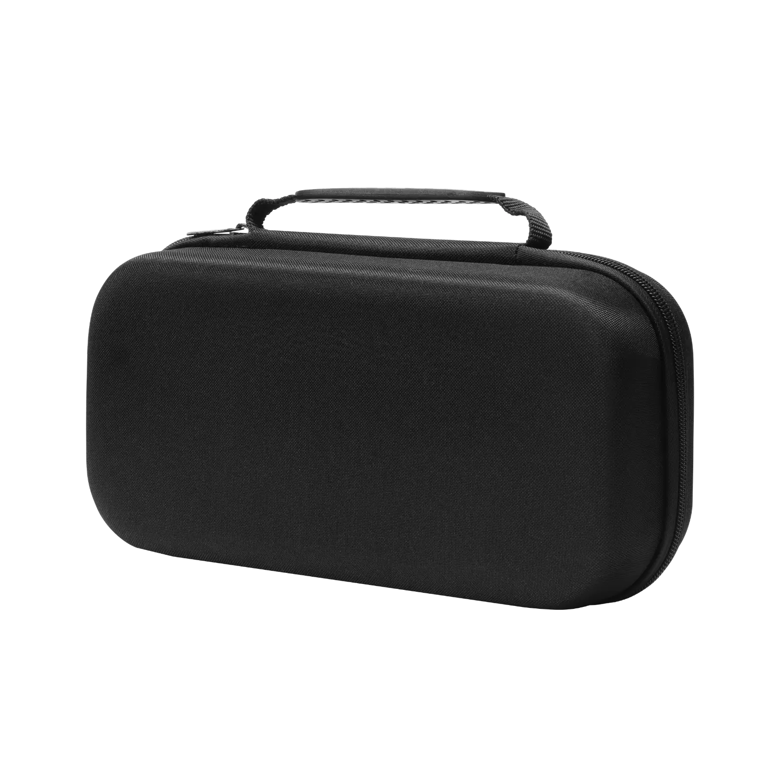 Black carrying case with handle on a white background
