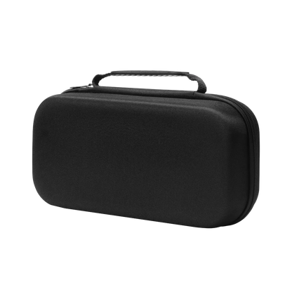 Black carrying case with handle on a white background