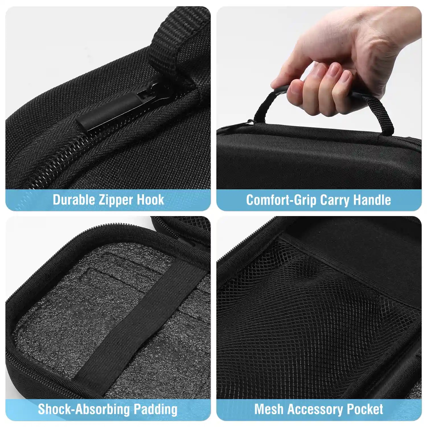 Black carrying case with durable zipper hook, comfort-grip handle, shock-absorbing padding, and mesh accessory pocket.