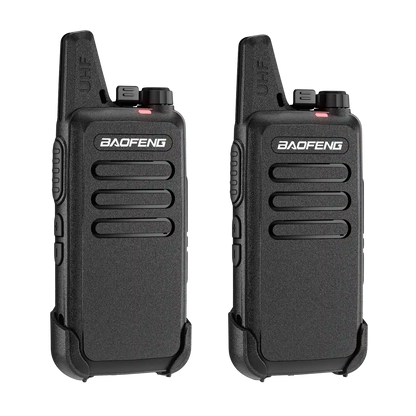 Two T22 black Baofeng walkie-talkies on a white background