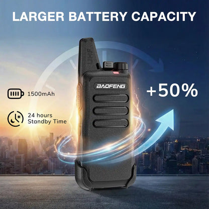 Baofeng T22 walkie talkie with larger battery capacity features against a cityscape background