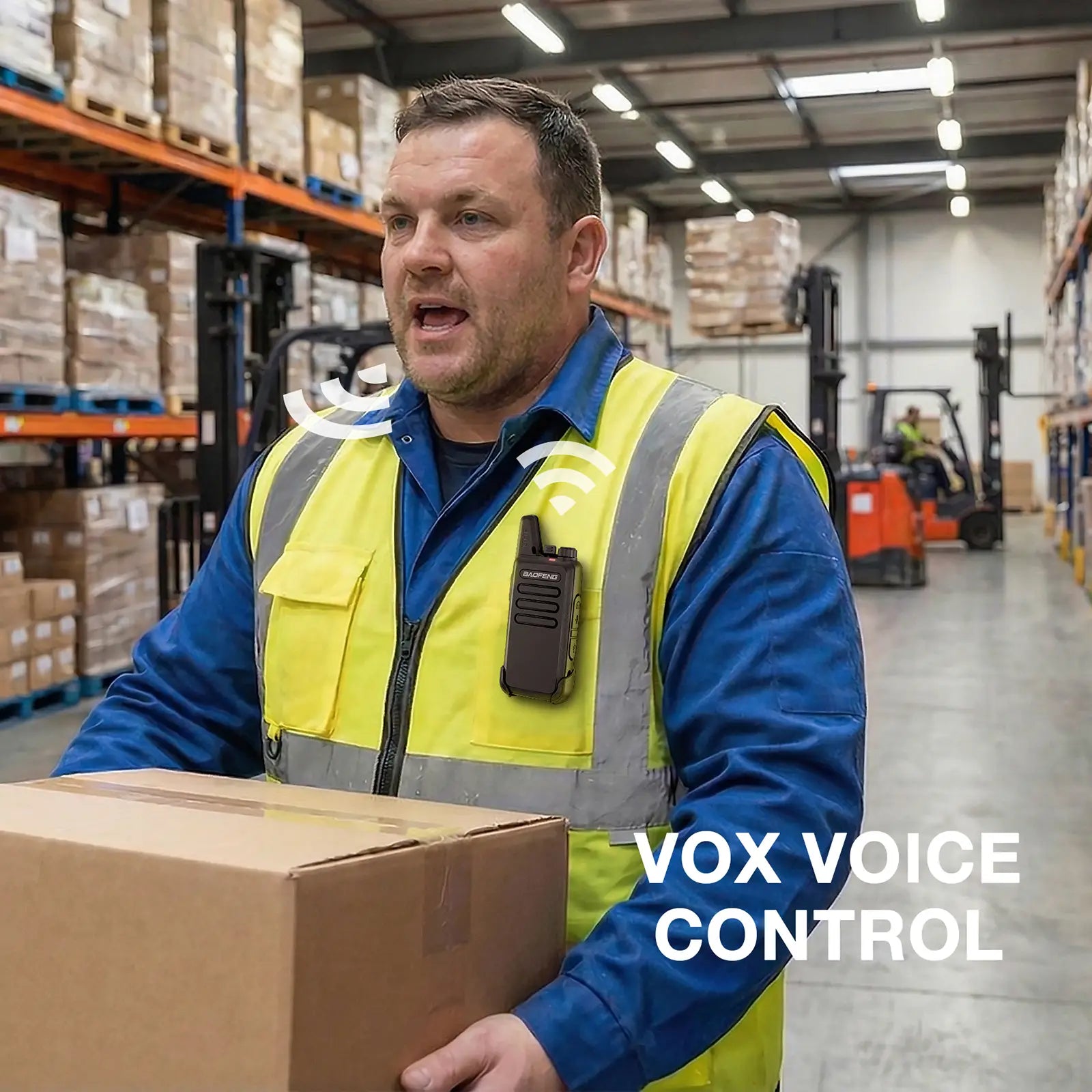 Man in a warehouse holding a box with 'VOX Voice Control' text overlay