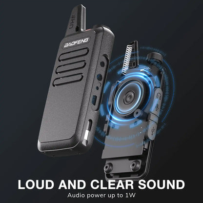 Two T22 walkie-talkies with a focus on sound quality on a dark background