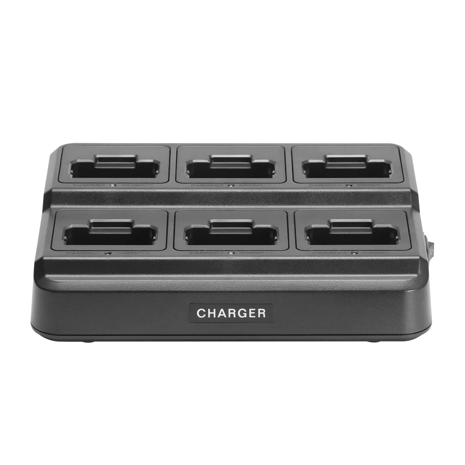 Black multiple-port charger on a white background