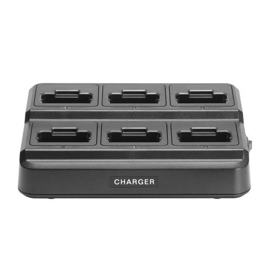 Black multiple-port charger on a white background