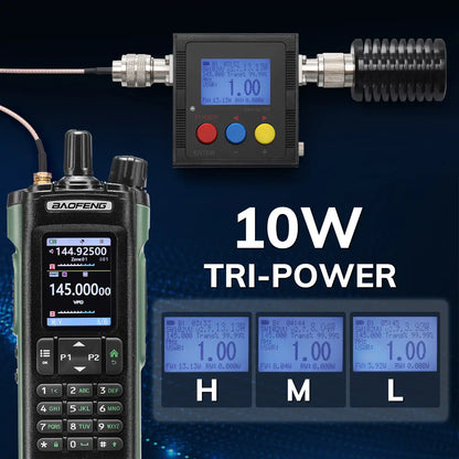 Tri-power radio equipment with digital displays and power output indicators on a dark background.