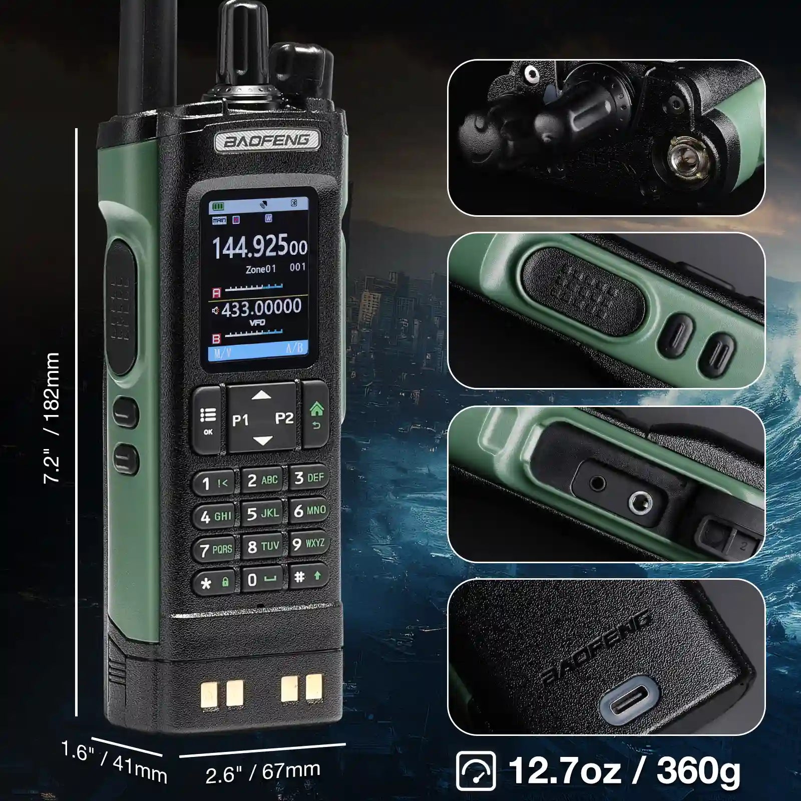 Baofeng UV-32 walkie talkie with close-up details and specifications on a dark background