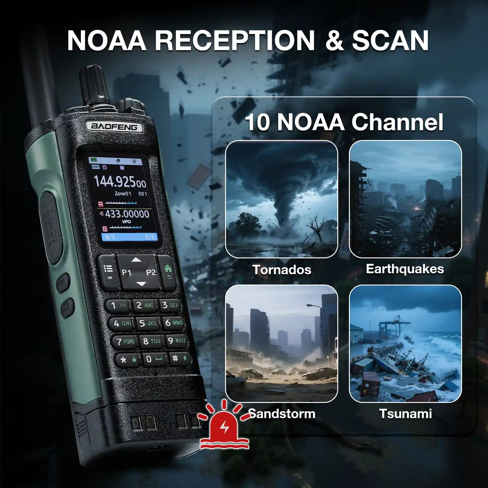 UV-32 radio with NOAA reception feature and weather scenarios on a dark background