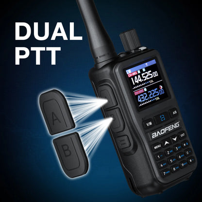 Black walkie-talkie with dual PTT feature on a blue background