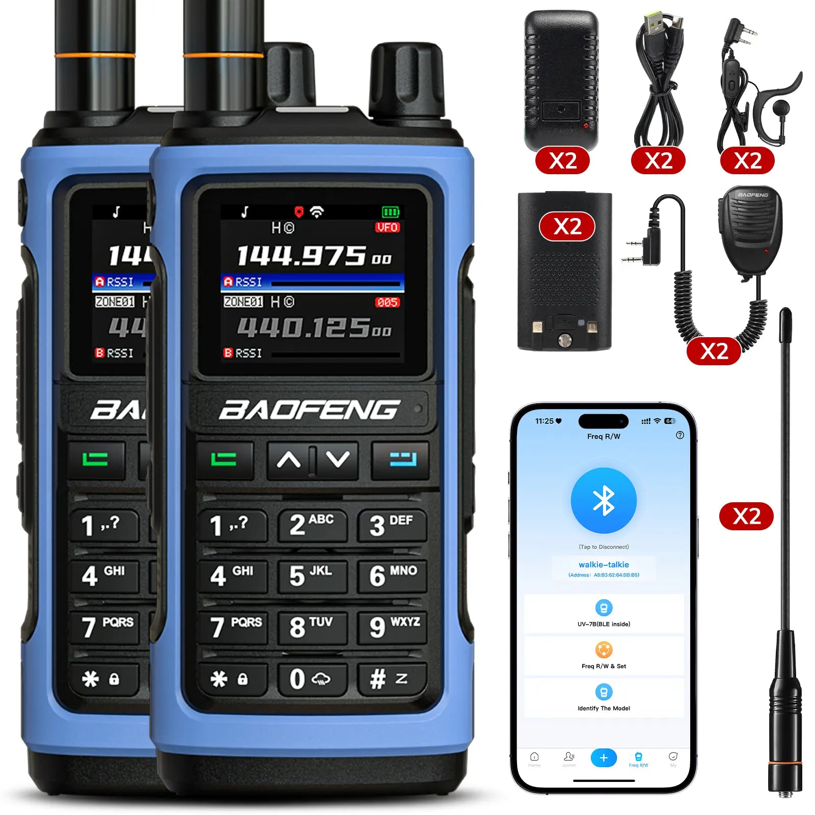 Blue Baofeng walkie-talkie with accessories on a white background