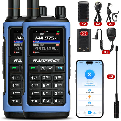 Blue Baofeng walkie-talkie with accessories on a white background