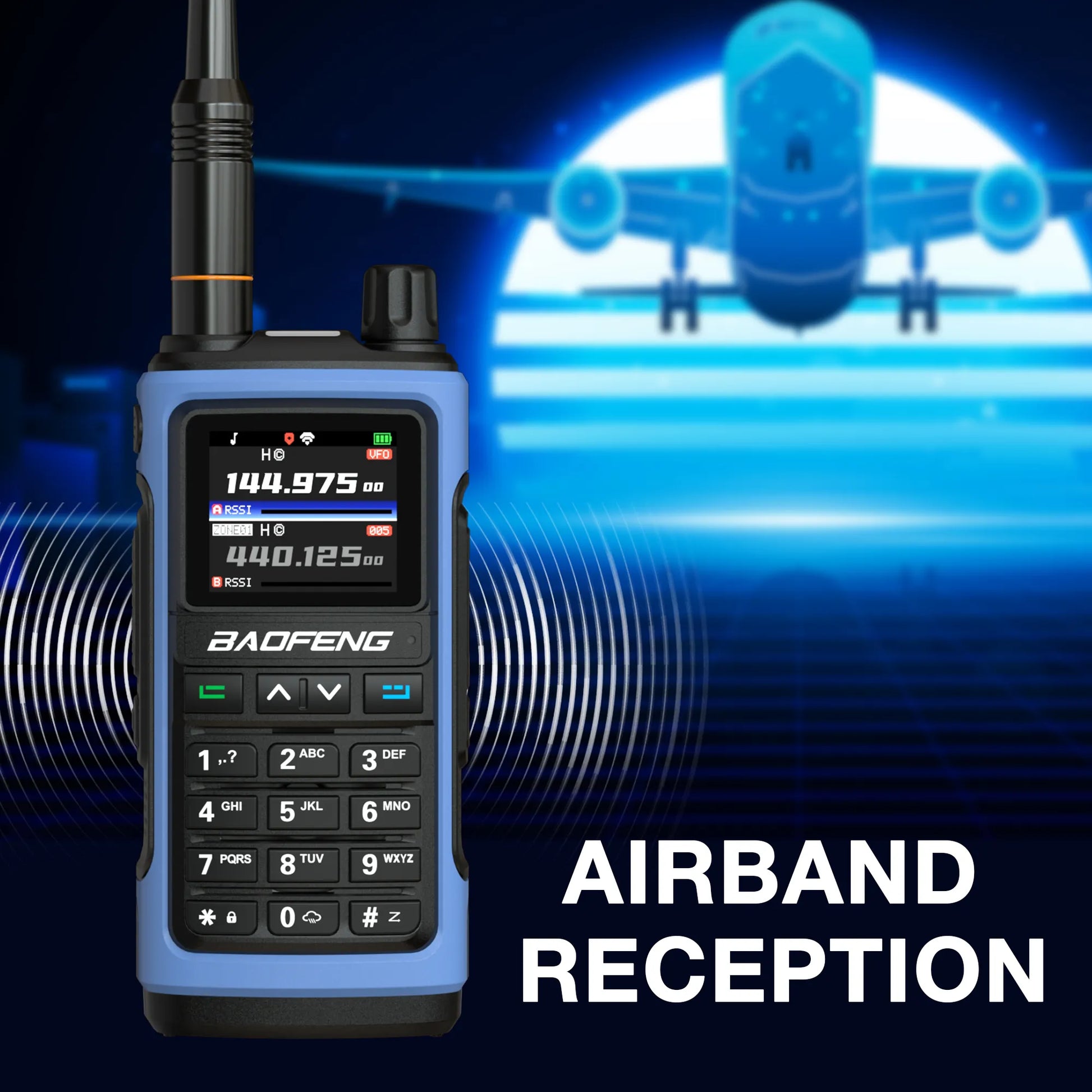 Baofeng walkie-talkie with airplane in the background and 'Airband Reception' text