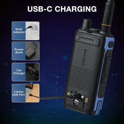 Walkie talkie with USB-C charging options on a dark blue background