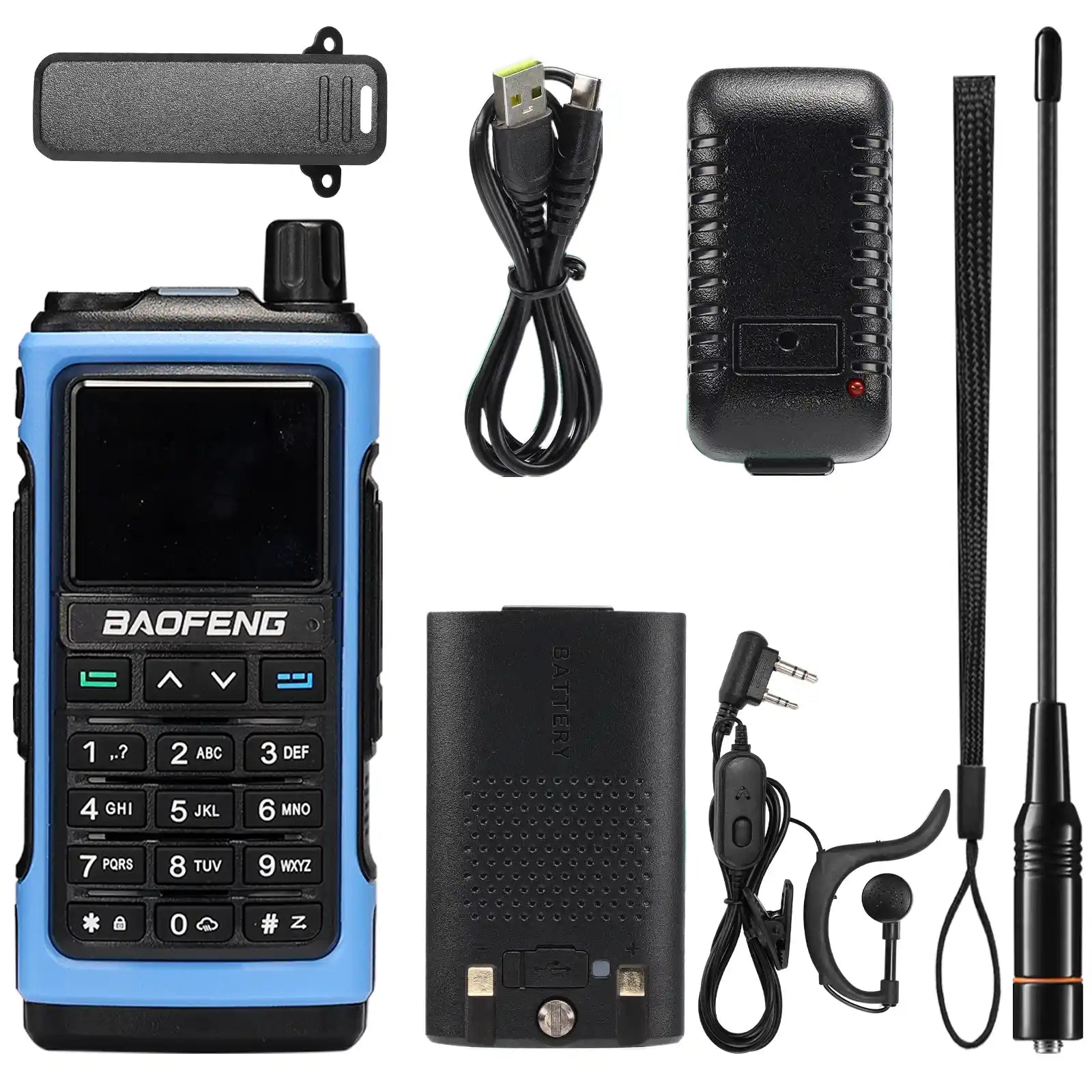 Baofeng walkie talkie set with accessories on a white background