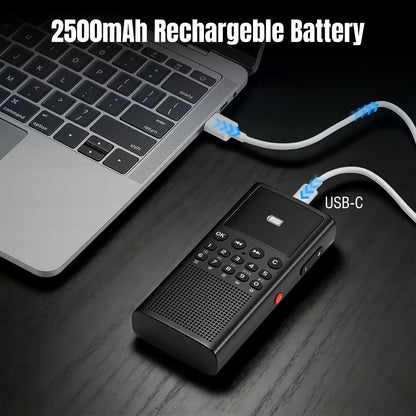 Small electronic device with USB-C connection on a desk next to a laptop, highlighting 2500mAh rechargeable battery.