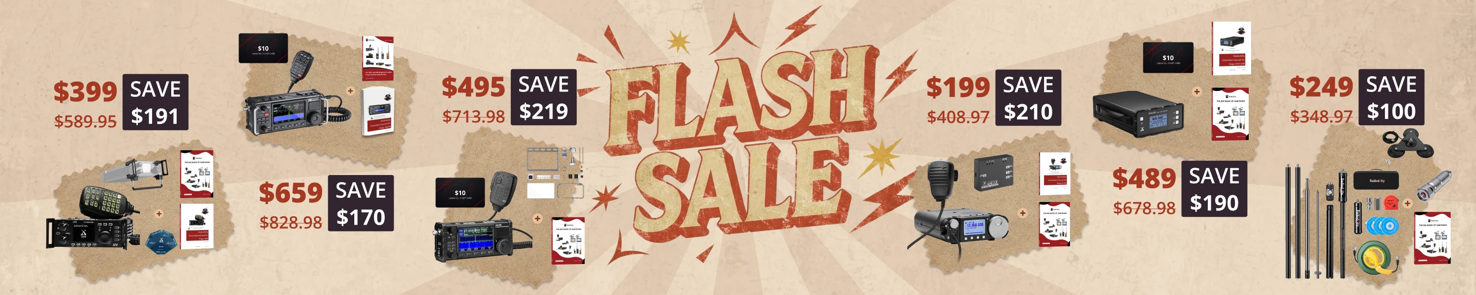 A promotional sale banner featuring multiple small product cutouts with price labels and 'SAVE' text, surrounding a large central 'FLASH SALE' title on a tan background.