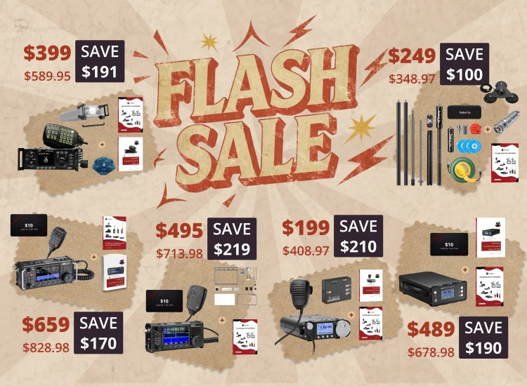 A promotional sale graphic with the large text 'FLASH SALE' in the center, surrounded by multiple small product photos, price labels, and 'SAVE' callouts on a tan textured background.