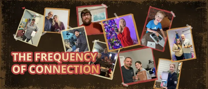 Collage of people with text 'The Frequency of Connection' on a dark background