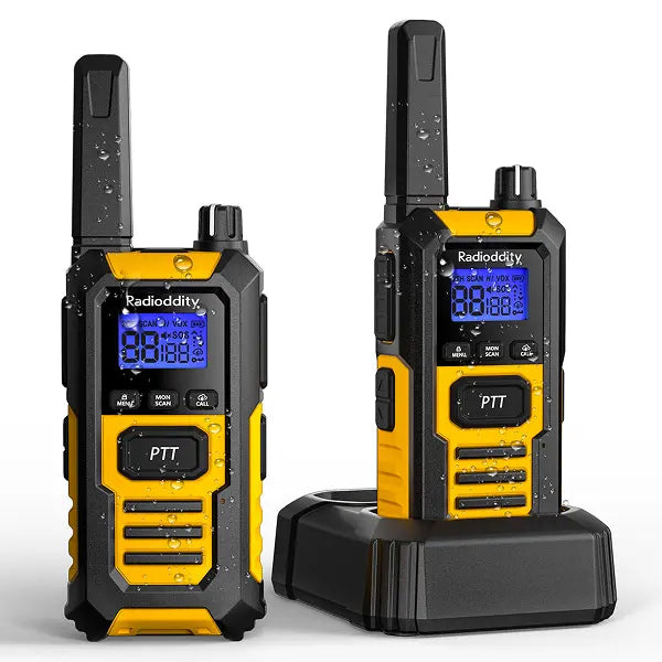 Two Radioddity walkie talkies with a charger on a white background