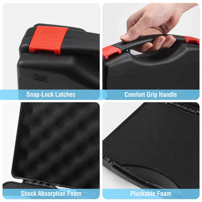 Collage of a black tool case with snap-lock latches, comfort grip handle, shock absorption foam, and pluckable foam.