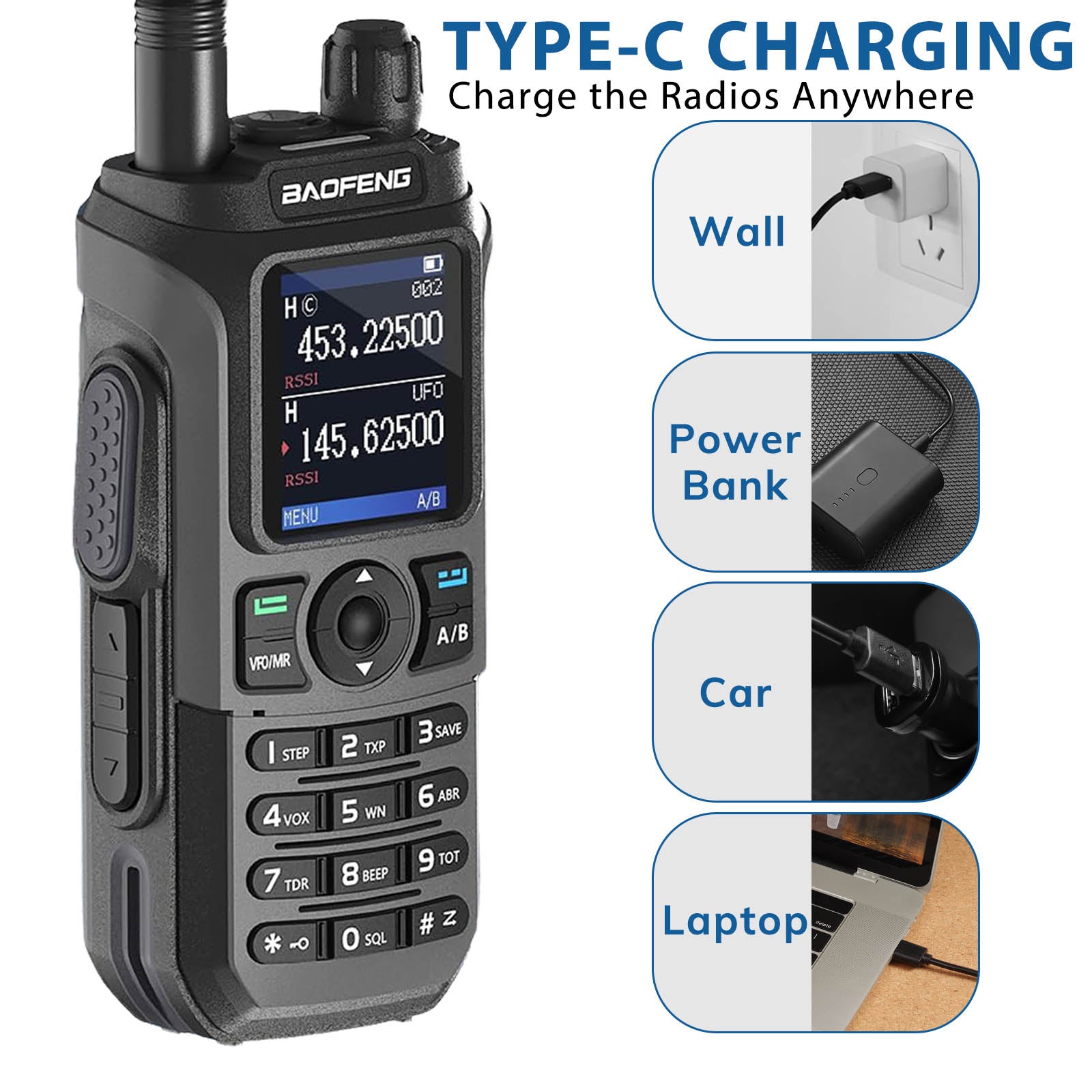 Baofeng UV-21R radio with Type-C charging options on a white background