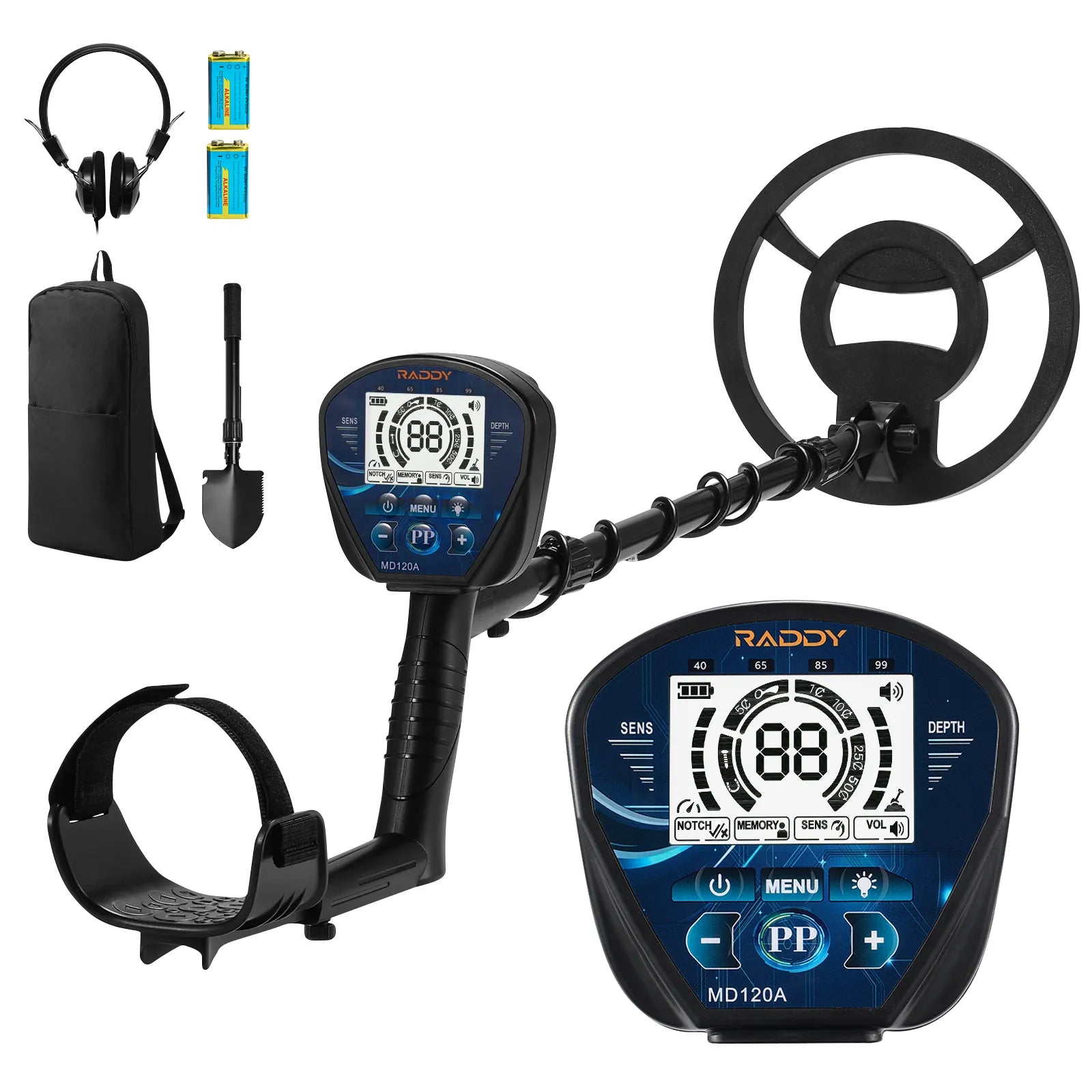 MD120A Metal detector set with headphones, batteries, shovel, and carrying case on a white background