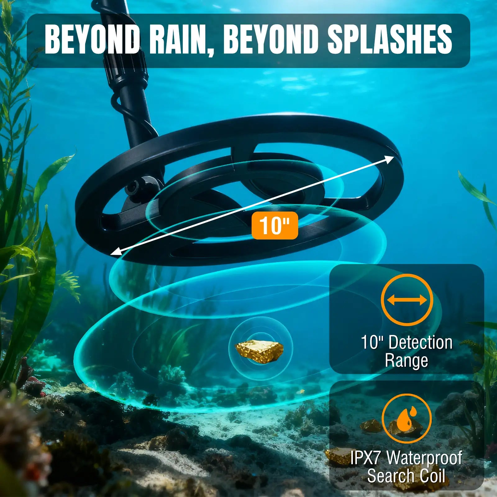 MD120A Metal detector underwater with text 'Beyond Rain, Beyond Splashes' and specifications.