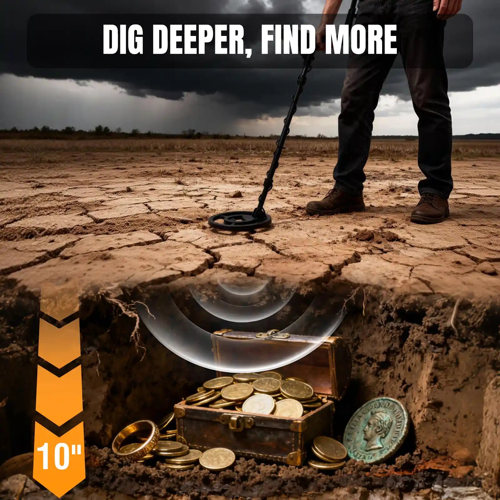 Person using a MD120A metal detector on dry, cracked land with coins and a treasure chest emerging from the ground.