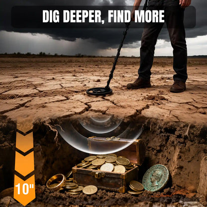 Person using a MD120A metal detector on dry, cracked land with coins and a treasure chest emerging from the ground.
