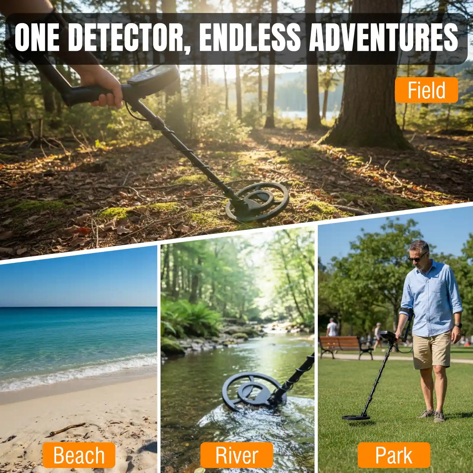 MD120A Metal detector being used in various outdoor settings with text 'One Detector, Endless Adventures'.