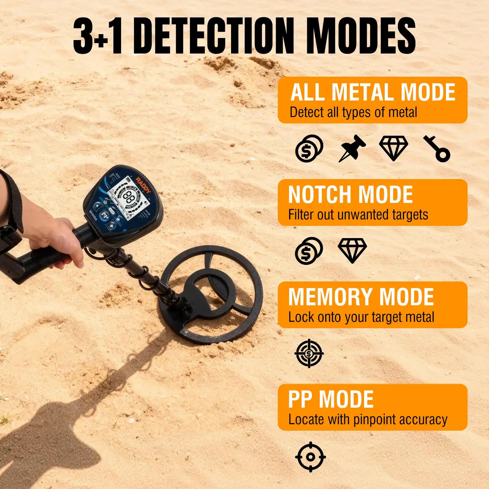 MD120A Metal detector with detection modes on a sandy background