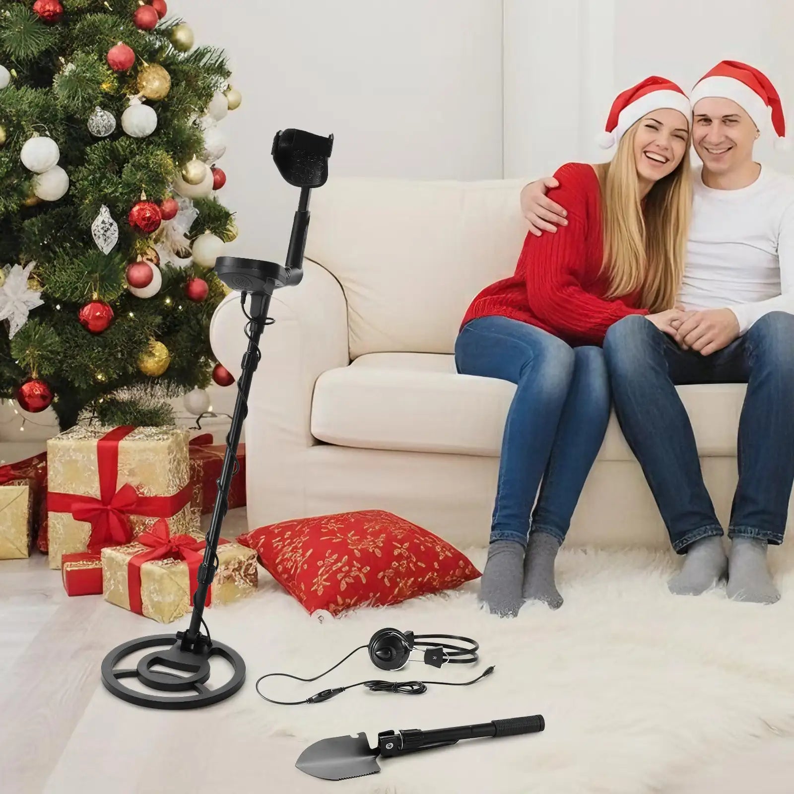 Couple sitting on a couch with a MD120A metal detector in a festive living room.